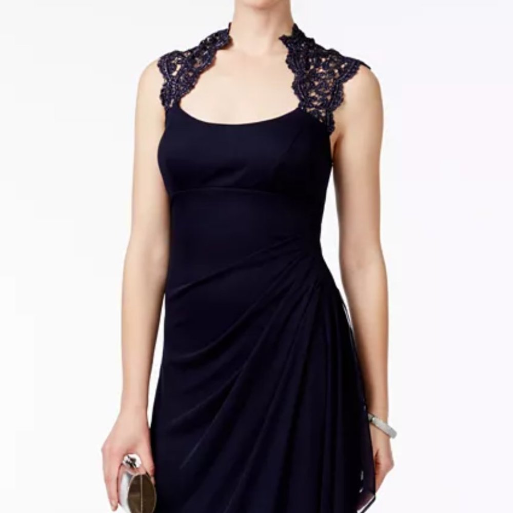 Xscape Navy Stand-Collar Illusion Back Gown. Size 6